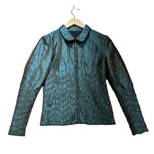Ubu Women Crinkle Quilted Jacket Medium Metallic Teal Textured Travel Reversible